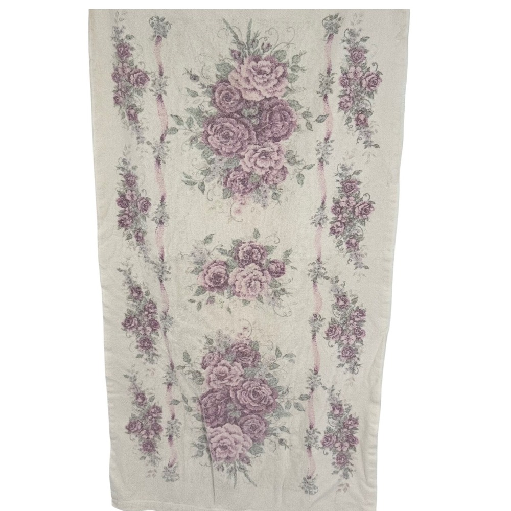 Vintage Glynda Turley Purple Rose Floral Cotton Bath Towel 47x26 Made in USA